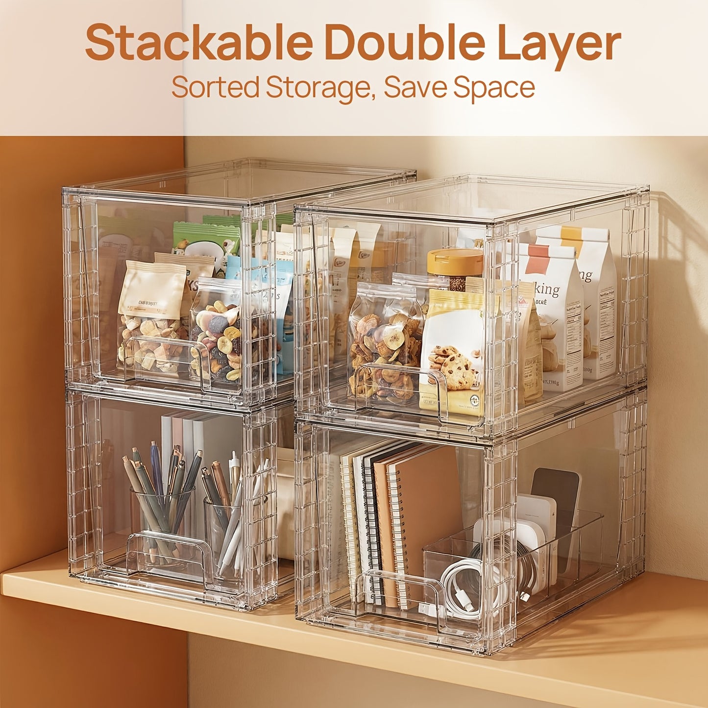 4pcs Food Storage Drawers - Clear Stackable Slide-Out Cabinet Organizers with Lids, Plastic Bins for Pantry, Kitchen, Cabinet, Undersink, Bathroom Organization