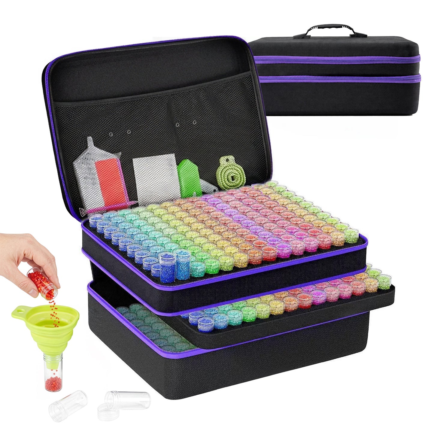 Diamond Painting Storage Box with 60 or 120 Screw-Top Bottles | 282-Piece Accessory Kit with Pens, Trays, Wax & Labels | Portable Diamond Art Organiser Case for Beads & Drills