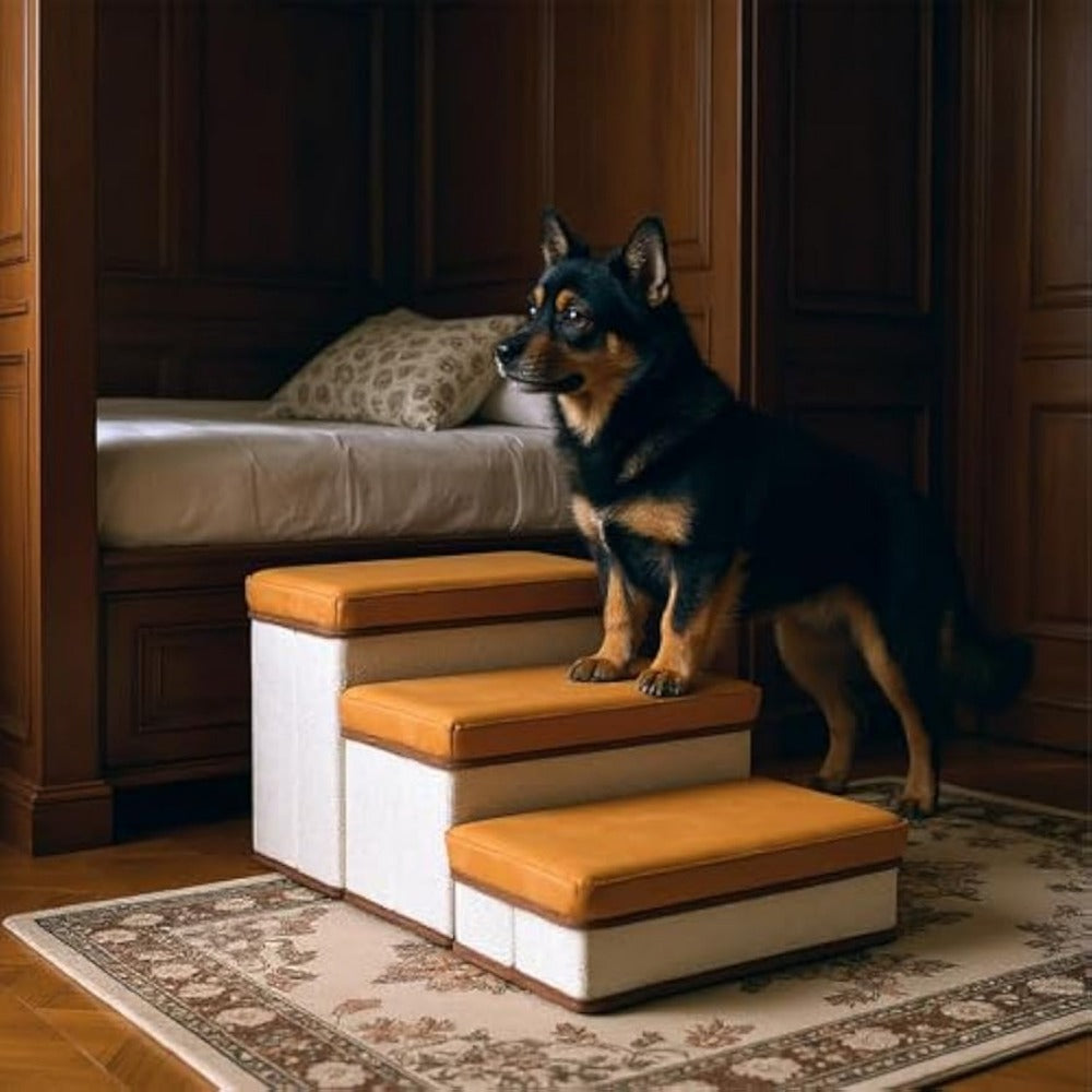 Foldable Dog Stairs 3 Tier with Storage Compartments – Adjustable Pet Steps for Bed & Sofa, Soft Flannel, 60x35x31cm | Small & Medium Dogs and Cats