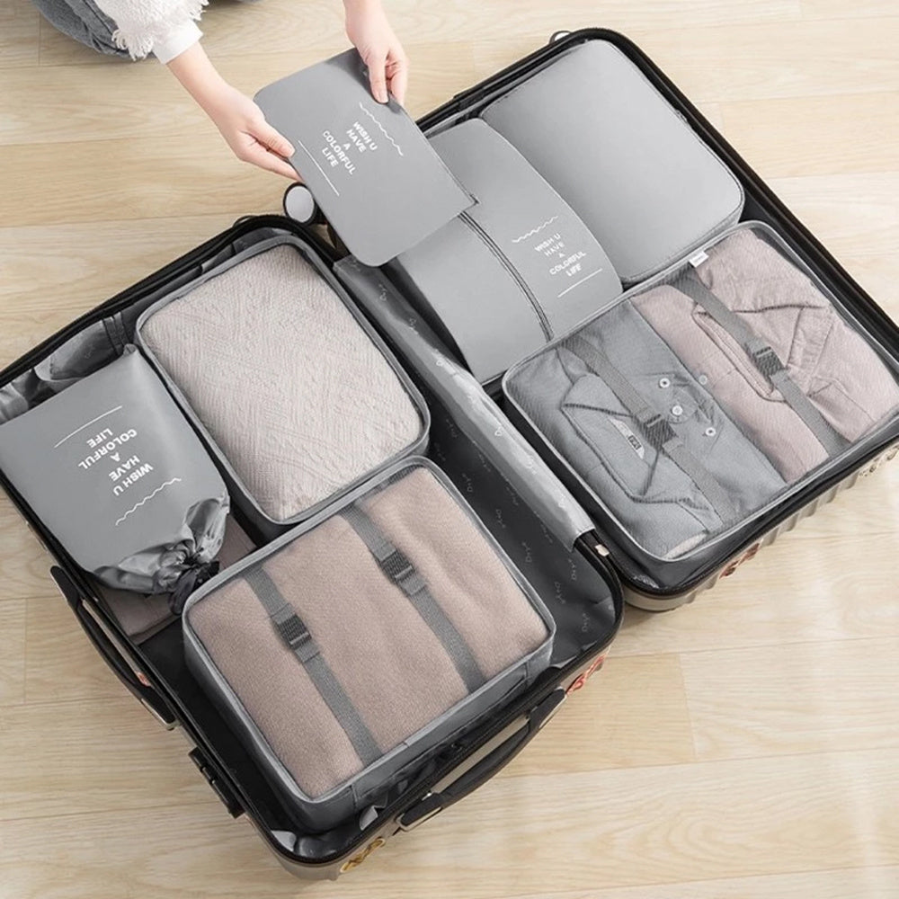 Packing Cubes Set of 7 for Suitcase – Travel Organiser Bags for Clothes, Shoes, Toiletries & Accessories, Oxford Fabric Luggage Sorting Pouches for Holiday & Business Travel in Grey, Pink, Blue & Beige
