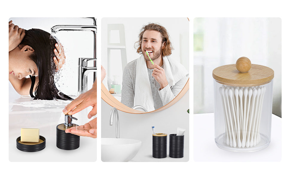 8-Piece Bamboo & Plastic Bathroom Accessories Set, Complete Bathroom Organiser with Toothbrush Holder, Soap Dispenser, Tumbler, Soap Dish, Qtip Holder, Toilet Brush & Waste Bin