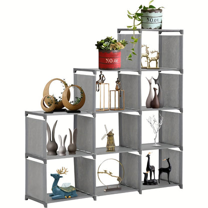 9-Cube Ladder Shelving Unit 125x120cm – Freestanding Bookcase Storage Rack for Living Room Bedroom Under Stairs, Steel Frame Fabric Cube Organiser, Deep Grey