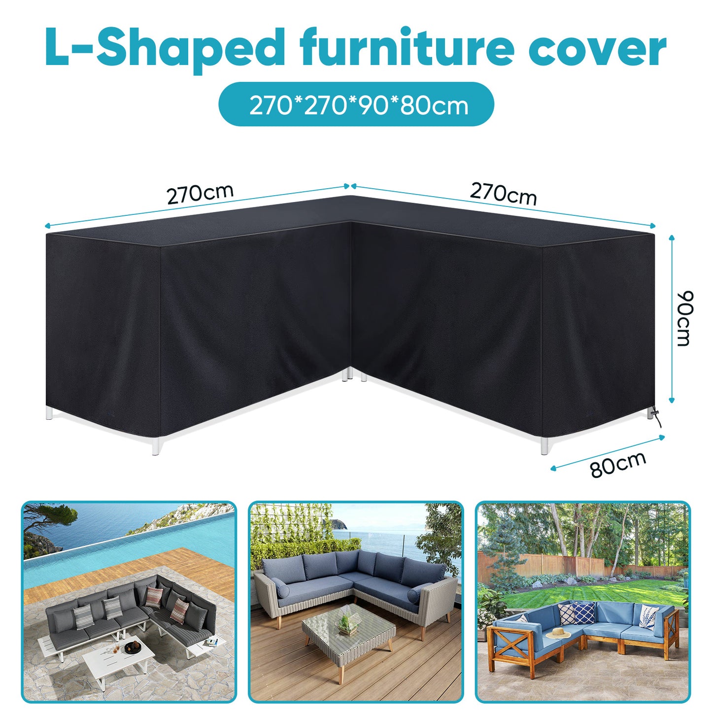 L-Shape Garden Furniture Cover Waterproof UV Resistant 210D Oxford Fabric Corner Sofa Protector with Drawstring 4 Sizes Black