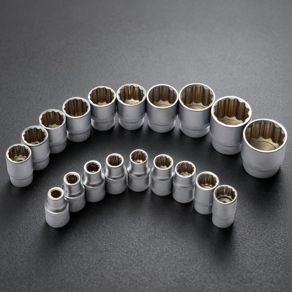 Spline Socket Set 19-Piece 1/2" Drive Metric 8-32mm Chrome Vanadium 12-Point CrV Socket Kit for Automotive & Mechanical Repair – Non-Slip Universal Wrench Set