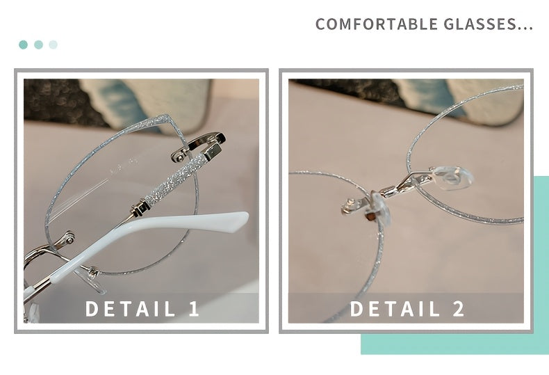 Fashion Cat Eye Frameless Light Sensitive Color Changing Women'S Model with Embedded Sequins Metal Frame Cat Eye Blue Light Transparent Lens Glasses