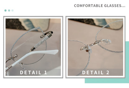 Fashion Cat Eye Frameless Light Sensitive Color Changing Women'S Model with Embedded Sequins Metal Frame Cat Eye Blue Light Transparent Lens Glasses
