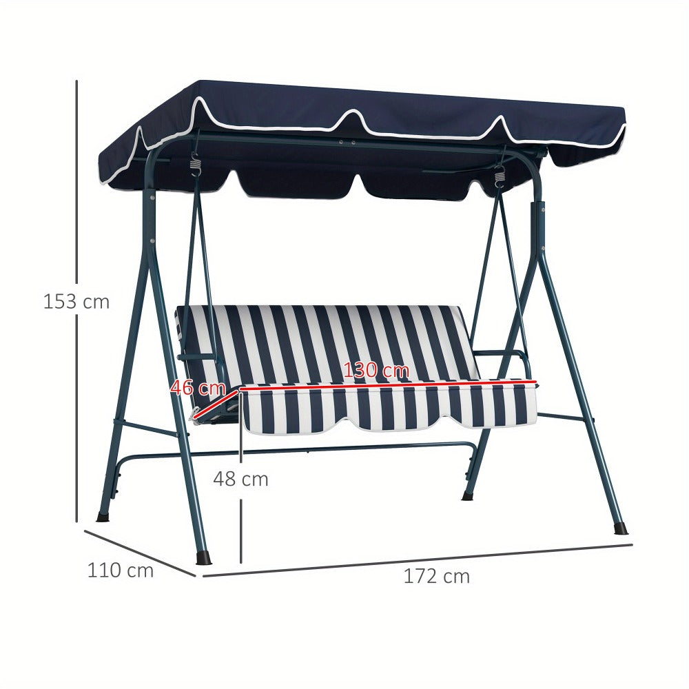 3-Person Garden Swing Chair with Adjustable Canopy Padded Seat Steel Frame Outdoor Patio Swing Bench Blue White