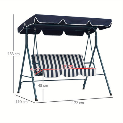 3-Person Garden Swing Chair with Adjustable Canopy Padded Seat Steel Frame Outdoor Patio Swing Bench Blue White