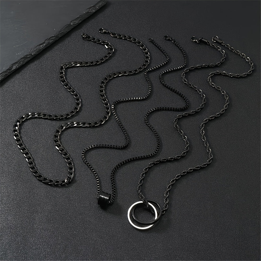 3pcs Black Stainless Steel Men's Cuban Link Twisted Chain Set, Suitable for Clothing Accessories