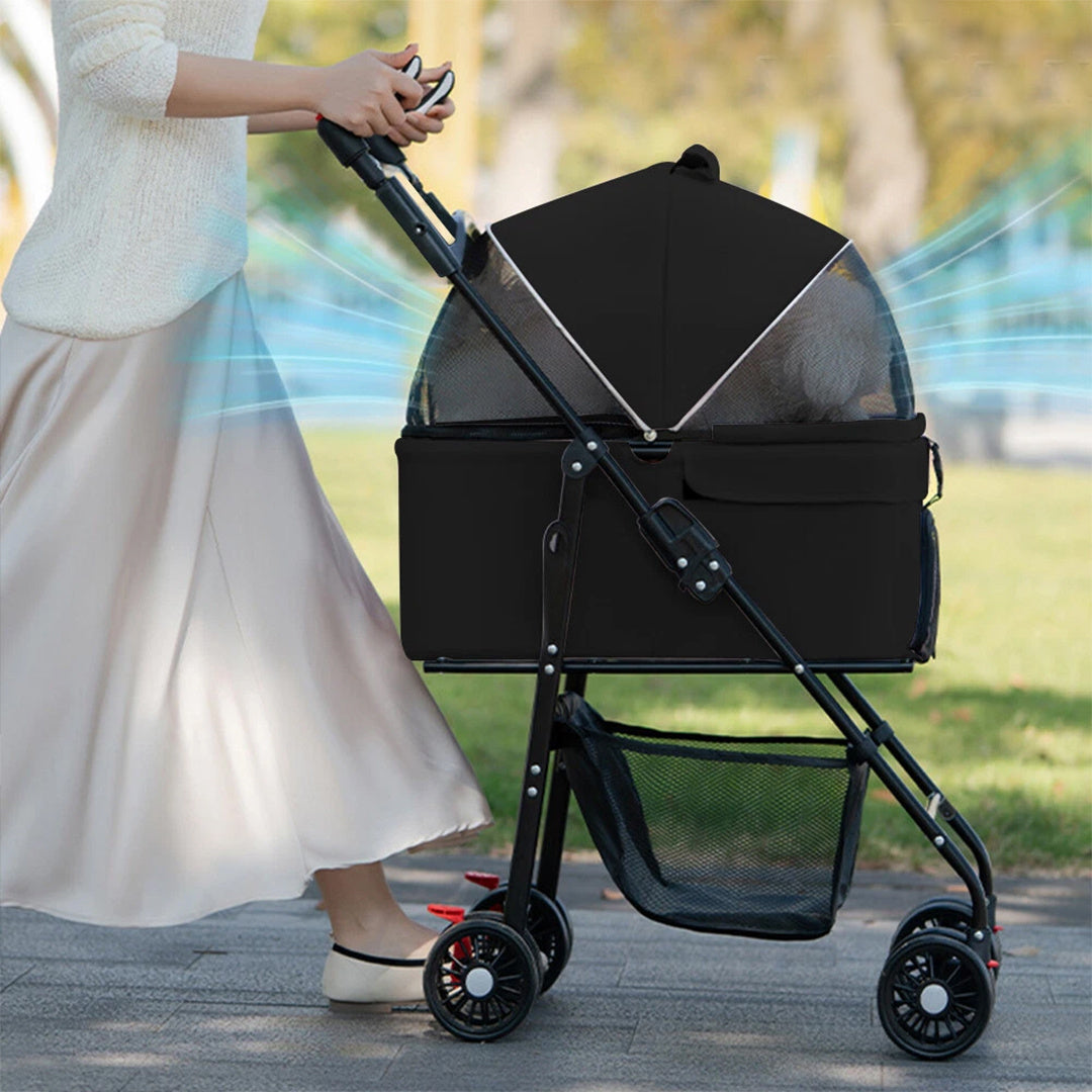 Lightweight Foldable Pet Stroller for Cats & Small Dogs - All-Terrain Oxford Fabric Carrier with Ventilation Mesh, Ergonomic Handlebar & Storage Basket - Portable Travel Stroller for Vet Visits, Shopping, Outdoor Walks, Mesh Canopy Visibility, Ventilated