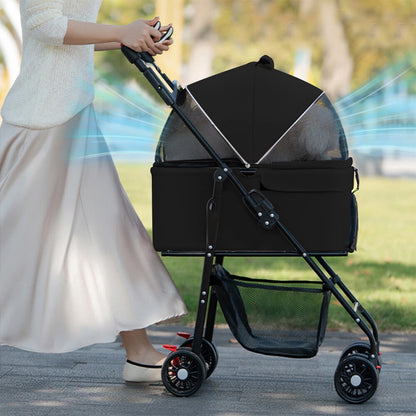 Lightweight Foldable Pet Stroller for Cats & Small Dogs - All-Terrain Oxford Fabric Carrier with Ventilation Mesh, Ergonomic Handlebar & Storage Basket - Portable Travel Stroller for Vet Visits, Shopping, Outdoor Walks, Mesh Canopy Visibility, Ventilated