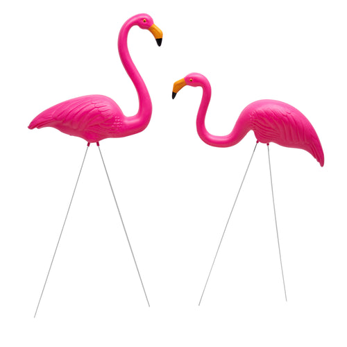 Flamingo Garden Ornaments – Pair of Pink Flamingo Yard Statues with Ground Spikes – Durable Weatherproof PE Decoration for Lawn, Patio, or Outdoor Display