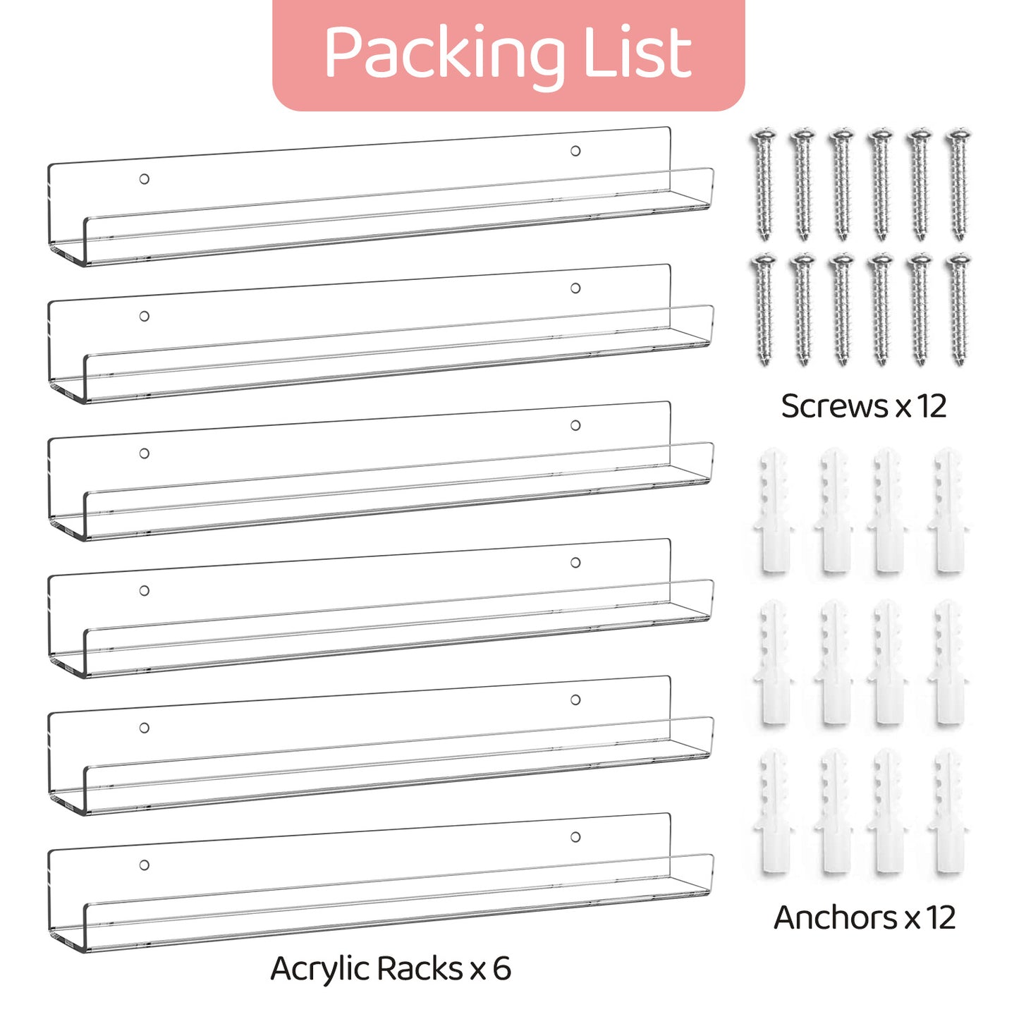 6-Pack Acrylic Nail Polish Organizer - 15" Wall Mounted Display Rack Holds 90 Bottles, Clear Floating Shelf for Makeup, Lipstick & Kids Books Storage (White)