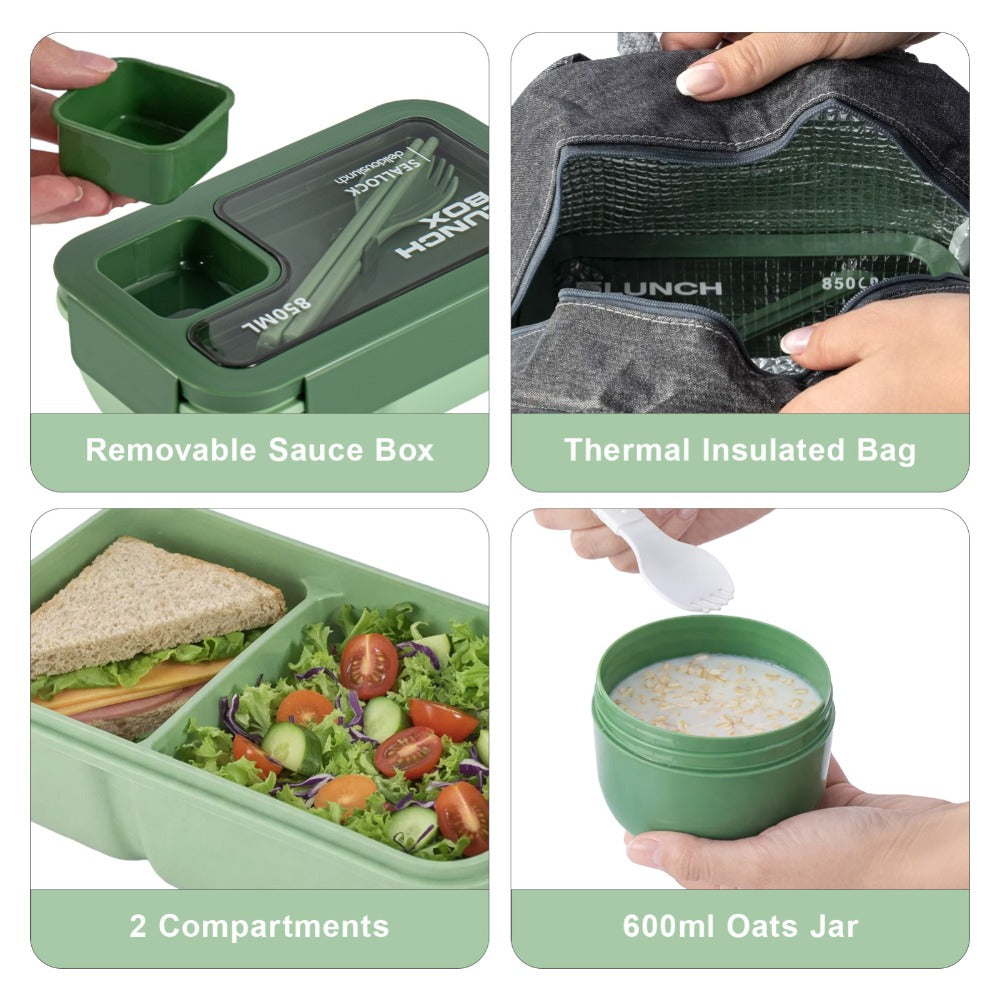 Bento box lunch set, leak proof meal preparation container, with insulated lunch bag and utensils, portable school office picnic travel lunch box