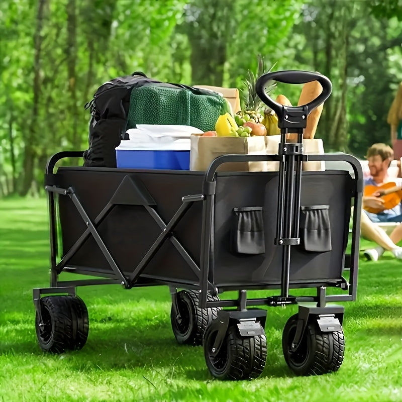 Heavy-Duty 199.58KG Capacity Collapsible Utility Wagon with All-Terrain Tank Brake Wheels, Foldable Steel Frame Beach Cart for Camping, Picnics, Garden & Urban Agriculture - No Power Needed, Foldable Beach Wagon, Picnic Accessories Hauling, Sleek Rugged D