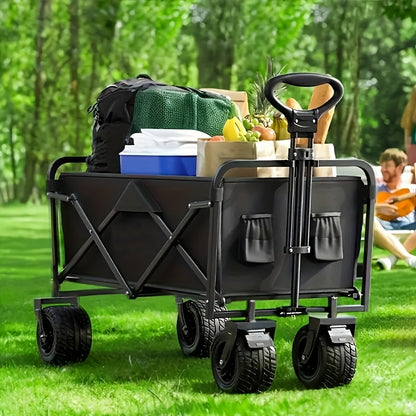 Heavy-Duty 199.58KG Capacity Collapsible Utility Wagon with All-Terrain Tank Brake Wheels, Foldable Steel Frame Beach Cart for Camping, Picnics, Garden & Urban Agriculture - No Power Needed, Foldable Beach Wagon, Picnic Accessories Hauling, Sleek Rugged D