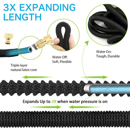 50FT/75FT/100FT Expandable Flexible Garden Hose Magic Hose Pipes Car Washing Gardening Hose with 7 Setting Professional Water Spray Nozzle Gun Expandable Hose Garden Hoses, Black