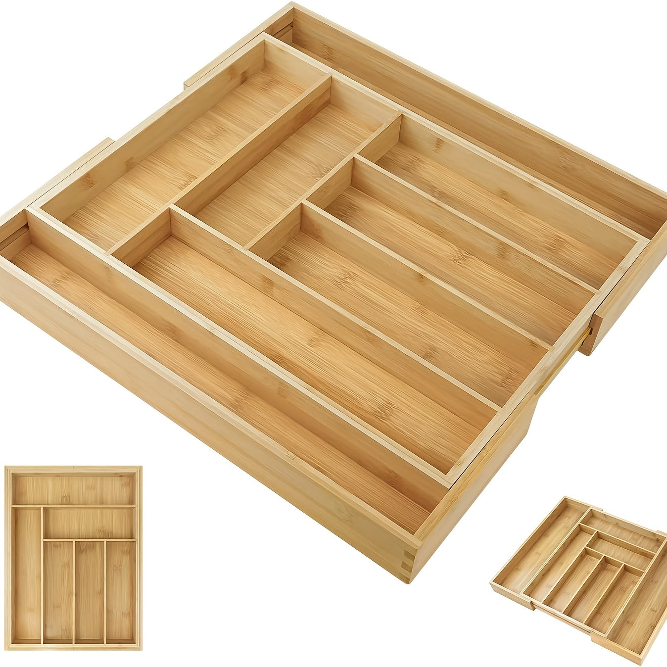 Expandable Bamboo Cutlery Organizer for Drawers, Ranging from 32 X 43 Cm to 52 X 43 Cm, with a Depth of 5 Cm. This Waterproof Utensil Holder Features 6 to 8 Individual Compartments Suitable for Use in The Kitchen, Bedroom, Or Office