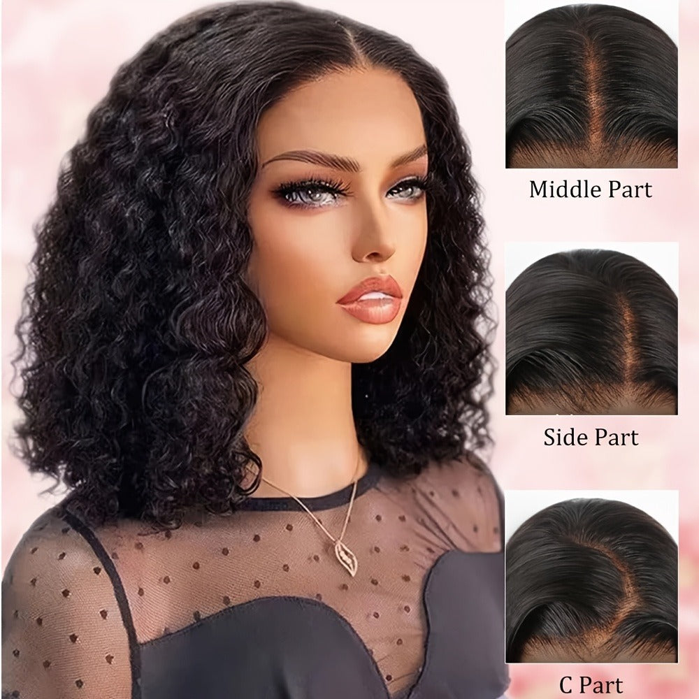 Kinky Curly Bob Wig Human Hair 4x4 Lace Closure Glueless Wear & Go Pre Plucked Pre Cut Deep Curly Short Wig 180% Density 12 Inch for Women