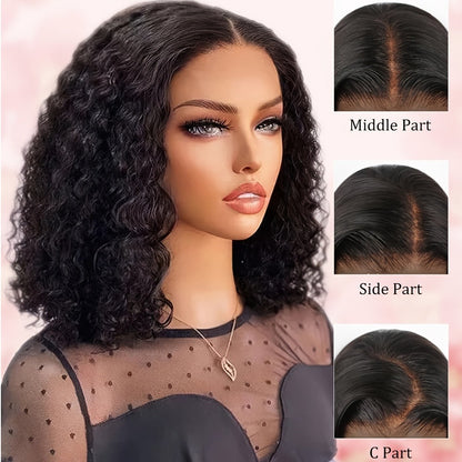 Kinky Curly Bob Wig Human Hair 4x4 Lace Closure Glueless Wear & Go Pre Plucked Pre Cut Deep Curly Short Wig 180% Density 12 Inch for Women