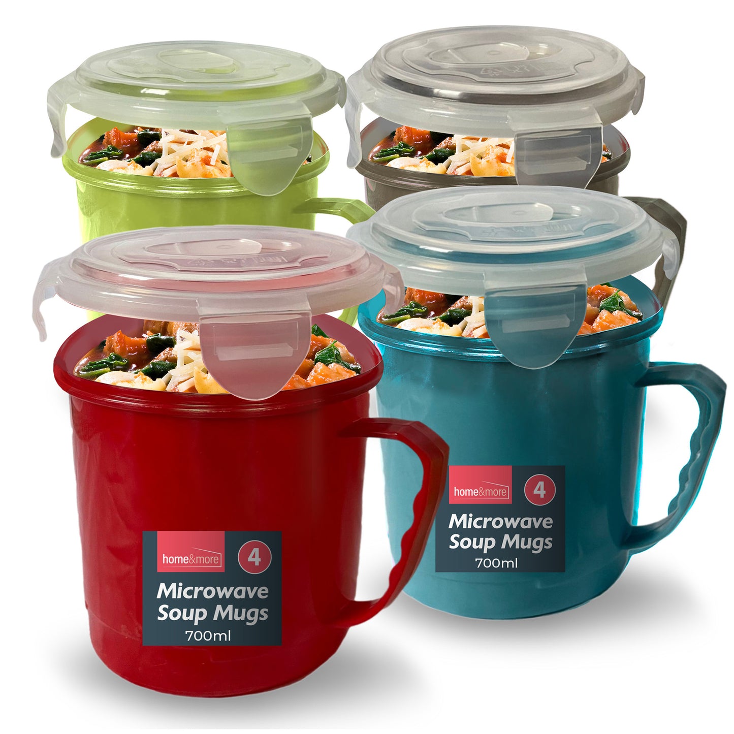 4 Pack Microwave Soup Mugs with Airtight Clip-Lock Lids | 700ml Soup Cups & Porridge Bowls | Reusable Microwave & Dishwasher Safe Food Containers | Assorted Colours (Red, Green, Blue, Grey)