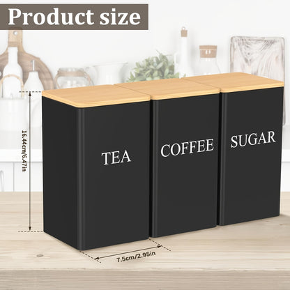 3pcs Coffee And Tea Sugar Set, Metal Tea And Coffee Canisters, 1400Ml, with Bamboo Lids, Black Kitchen Canisters for Countertop Storage (Black)