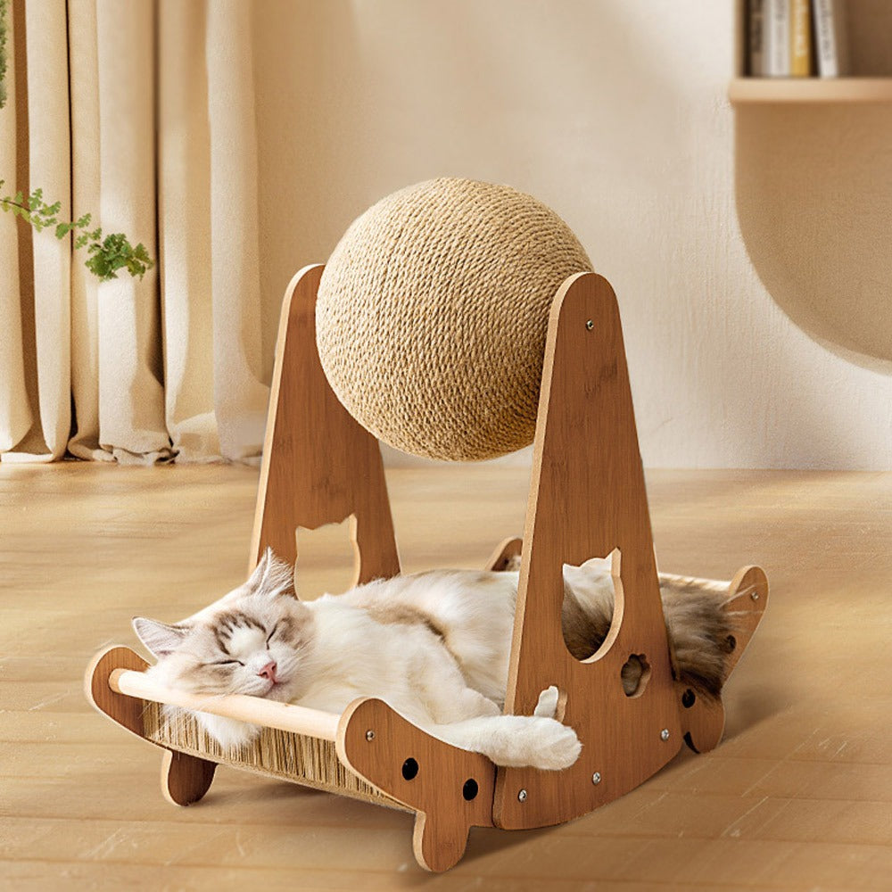 Cat Ball Scratcher with Solid Wood Stand Sisal Interactive Climbing Frame Scratching Post for Indoor Cats Kittens Furniture Protector Fun Exercise