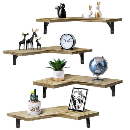 4 Tier Wooden Floating Shelves Wall Mounted Storage Rack L Shape Corner Shelf Versatile Home Kitchen Bathroom Bedroom for Books, Crafts, Festival Ornament, Toiletries Display Holder Decorative Stand
