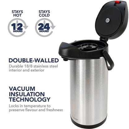 5L Stainless Steel Insulated Vacuum Airpot Flask with Pump Action, Thermal Carafe for Hot or Cold Drinks