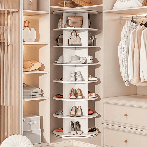 Space- Saving Rotating Shoe Rack Tower, 7- Tier Spinning Shoe Rack, Free Standing 360° Revolving Shoe Organizer for Entryway, Living Room, and Dorm - Modern Minimalist Design in White, Fits 28 Pairs Of Shoes, Entryway Storage, Compact Furniture, Easy Asse