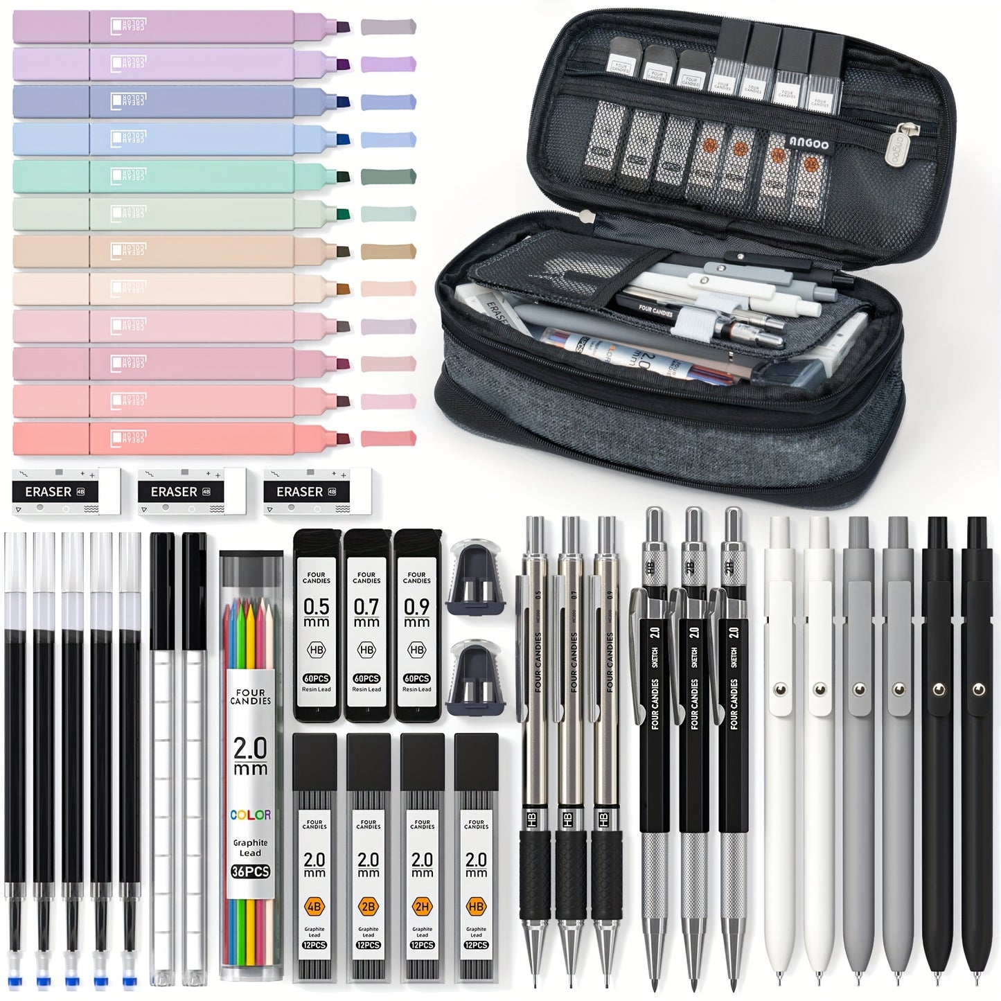 Four Candies 39pcs Cute School Supplies with Pen Case, 5 Black Ink Gel Pens, 12 Pastel Highlighters, 6 Aesthetic Mechanical Pencils Set