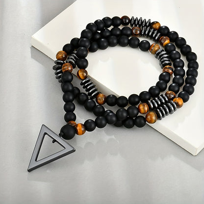 1pc Fashionable Retro Jewelry Yellow Tiger Eye Black Agate with Hematite Stone Triangle Pendant for Men'S Original Stone Necklace for Daily Wear
