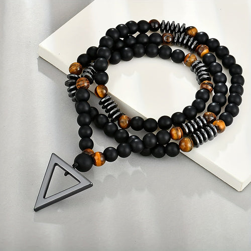 1pc Fashionable Retro Jewelry Yellow Tiger Eye Black Agate with Hematite Stone Triangle Pendant for Men'S Original Stone Necklace for Daily Wear