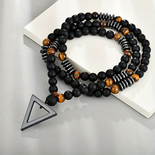 1pc Fashionable Retro Jewelry Yellow Tiger Eye Black Agate with Hematite Stone Triangle Pendant for Men'S Original Stone Necklace for Daily Wear