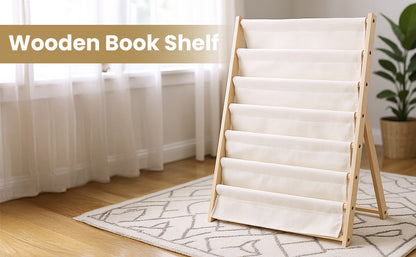 7-Tier Fabric Bookshelf with Deep Pockets, Wood Frame Standing Book Rack, Space-Saving Display Storage for Books, Magazines & Albums, Home and Office Organiser