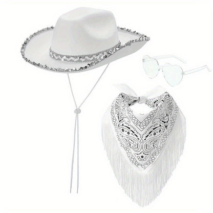 Women Cowboy Cowgirl Hats Set Bandana Festival Fancy Dress Hat Costume Accessory