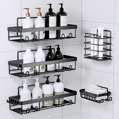 Shower Caddy, Bathroom Shower Organizers, Black Shower Shelves for Inside Shower with Soap Caddy & Toothbrush Holder, Stainless Steel Wall Rack Baskets Adhesives Mounted(1 And5pcs), Random Color Properties to Choose, Shelves