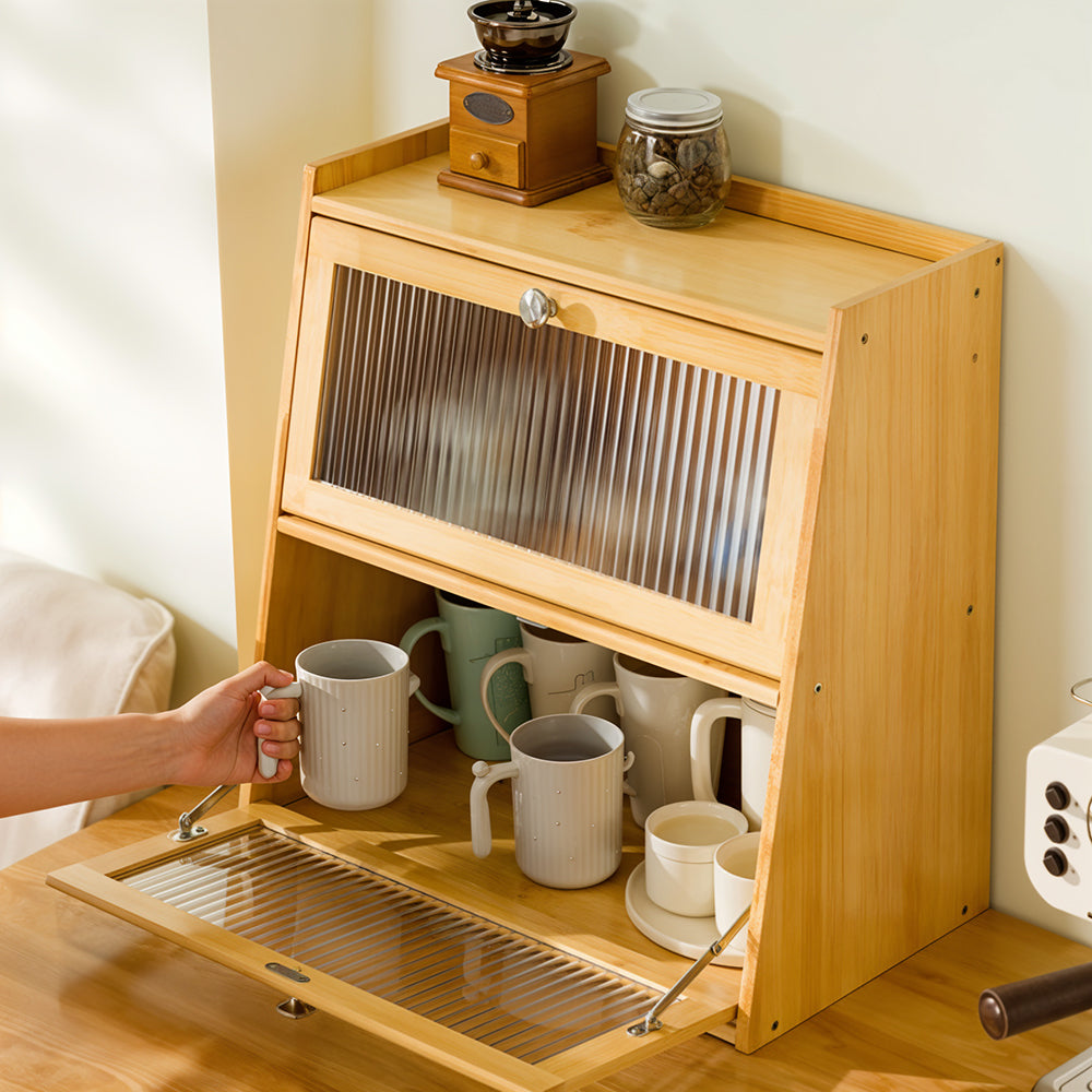 1pc 2-Tier/3-Tier Kitchen Spice Rack, Countertop Storage Shelf, Multi-Functional Organizer with Transparent Door, High Quality Bamboo Material, Natural/Brown