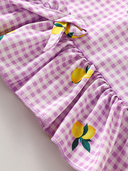 2pcs Set. Girls' Vest And Shorts Outfit, Lemon Print, Contrast Plaid Pattern, Bow Detail, Ruffled Hem. Summer Casual Outfit for Girls. Ideal Gift for 1-8 Year Olds. Suitable for Outdoor Wear