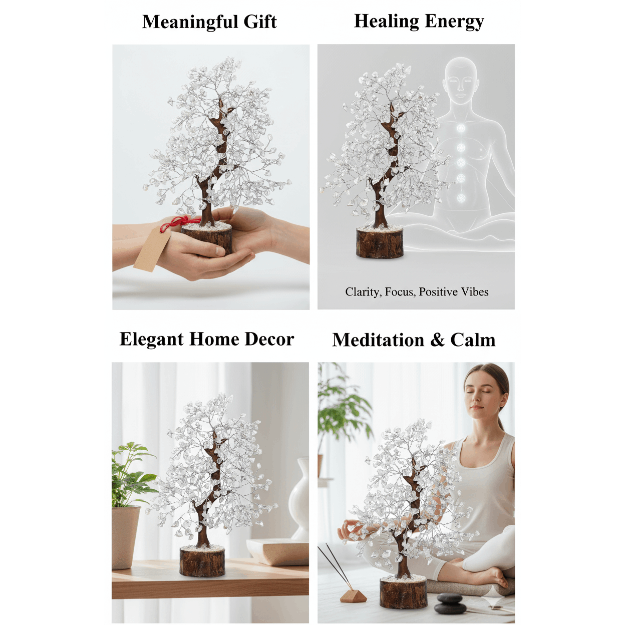 Clear Quartz Crystal Tree – Natural Healing Crystal Decor for Home Office Desk, Spiritual Feng Shui Ornament, Positive Energy Crystal Gift for Women Men, Meditation Reiki Decor, Living Room Ornament, Gift Box Included with Mini Crystal Guide