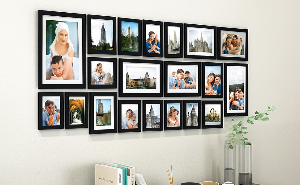 19 Pcs Wooden Photo Frame Set, Multi Size Picture Frames with Stand & Wall Hooks, Tabletop or Wall Mounted Display