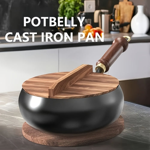 Professional Handmade Cast Iron Dutch Wok - Uncoated, Wooden Lid, Multi-Purpose Wok, Frying Pan Stock Pot Anti-Splatter Oven & All Stove Compatible Durable, Even Heating for Healthy