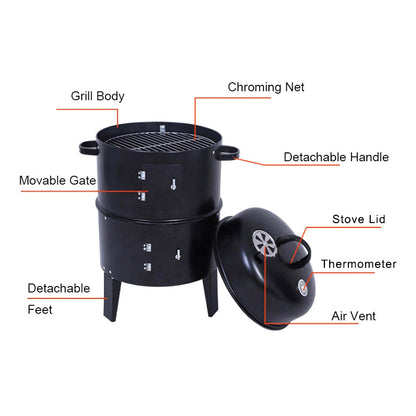 1pc Black 40x84cm Dual Access Outdoor Smoke Grill with 37cm Diameter, Perfect for Party, Family Dinner, and Outdoor BBQ – Durable Iron Construction, Efficient Heat Distribution, Convenient Charcoal Addition, Versatile Smoking Grill | Dual Access Grill | E