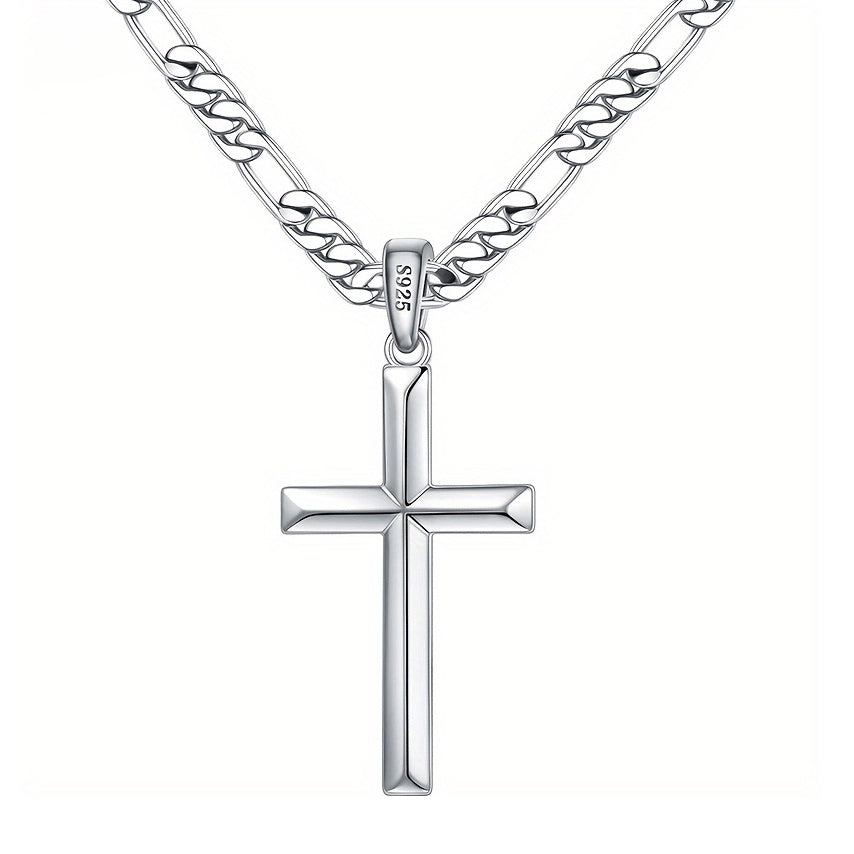 925 Sterling Silver Cross Necklace Beveled Edge Men Women Cut Durable Figaro Link Chain Cross Necklace Cross Pendant Necklace, Stylish And Durable Design - The Perfect Gift for Various Holidays, Gift Box