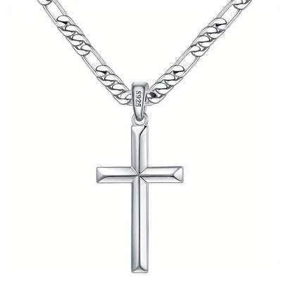 925 Sterling Silver Cross Necklace Beveled Edge Men Women Cut Durable Figaro Link Chain Cross Necklace Cross Pendant Necklace, Stylish And Durable Design - The Perfect Gift for Various Holidays, Gift Box