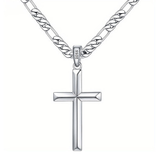 925 Sterling Silver Cross Necklace Beveled Edge Men Women Cut Durable Figaro Link Chain Cross Necklace Cross Pendant Necklace, Stylish And Durable Design - The Perfect Gift for Various Holidays, Gift Box