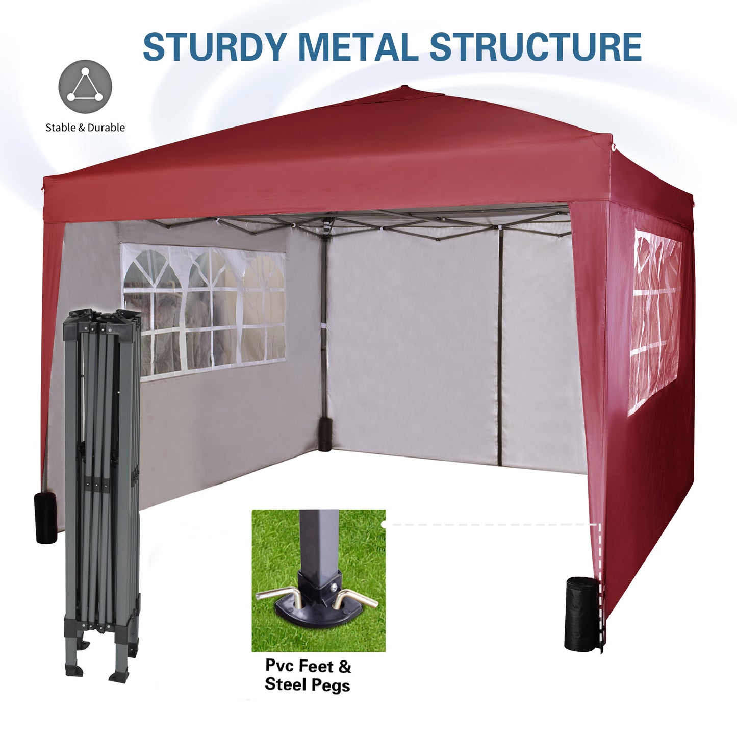 Pop-up Gazebo 3m x 3m with Sides & 4 Weight Bags & Silver Protective Layer Waterproof Marquee Canopy