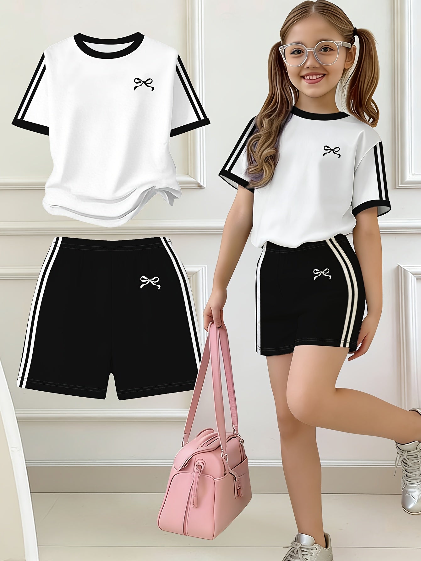 2pcs Set, Easy Bow Print Short Sleeve T-Shirt And Shorts Set, Star Style, Suitable for Spring And Summer, Back-To-School Outfit, Y2K Fashion, Campus Activities, Comfortable Casual, Fashionable And Playful, Hippie Style, Retro Sweet American Style