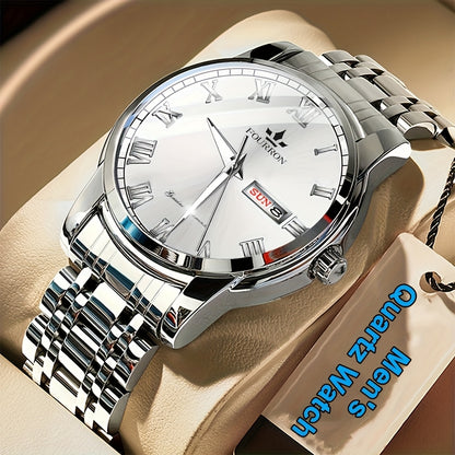 1pc FOURRON Brand New Trendy Fashion Men'S Quartz Watch Stainless Steel Strap with Day Date, Roman Numeral Disc Multi-Function Luminous Luxury Men'S Wristwatches, Friends And Relatives Birthday Gifts, Holiday Party Gifts Preferred Choice
