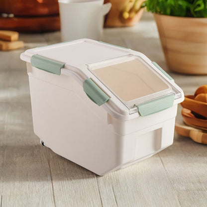 Rice Dispenser 10kg with Scoop, PP Rice Storage Container with Lid & Wheels for Dog & Cat Food, Flour, Cereal, Nuts, Beans, Kitchen Storage Box, Grey/ Green, 35*20*26CM
